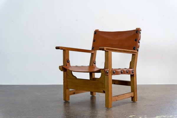 Brutalist Armchair in Pine Wood and Cognac Saddle Leather, 1960s-AO-1795627