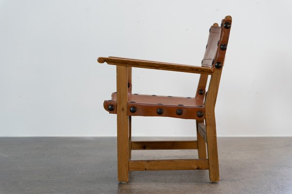 Brutalist Armchair in Pine Wood and Cognac Saddle Leather, 1960s-AO-1795627