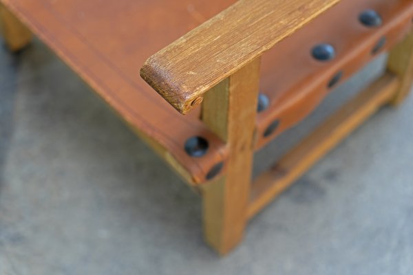 Brutalist Armchair in Pine Wood and Cognac Saddle Leather, 1960s-AO-1795627