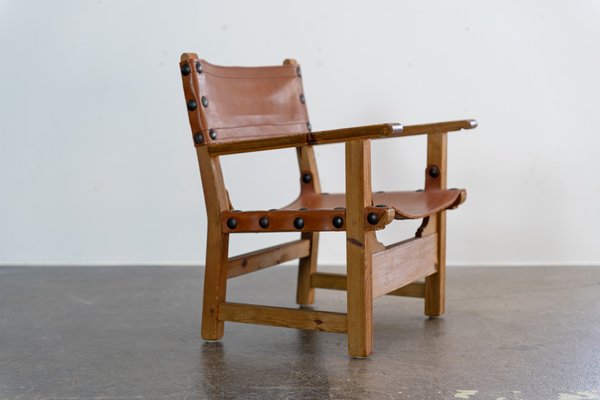 Brutalist Armchair in Pine Wood and Cognac Saddle Leather, 1960s-AO-1795627