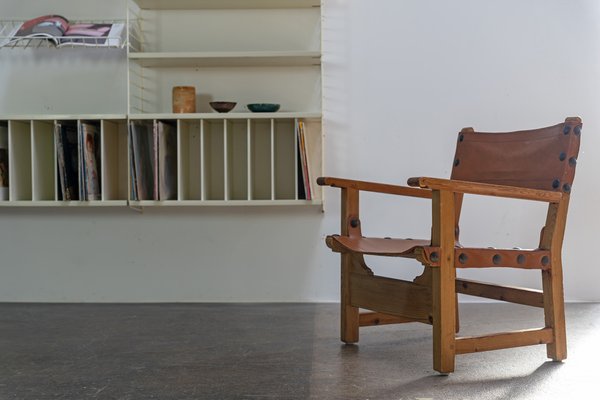 Brutalist Armchair in Pine Wood and Cognac Saddle Leather, 1960s-AO-1795627