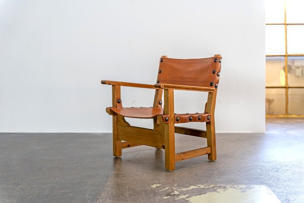 Brutalist Armchair in Pine Wood and Cognac Saddle Leather, 1960s-AO-1795627