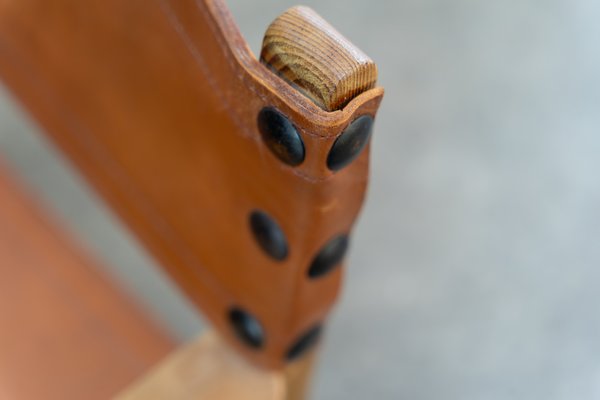 Brutalist Armchair in Pine Wood and Cognac Saddle Leather, 1960s-AO-1795627