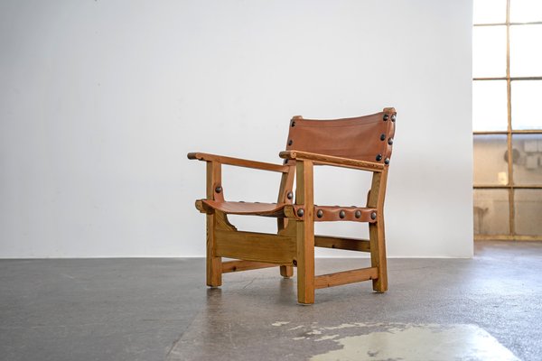 Brutalist Armchair in Pine Wood and Cognac Saddle Leather, 1960s-AO-1795627