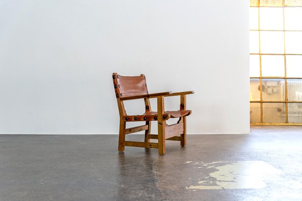 Brutalist Armchair in Pine Wood and Cognac Saddle Leather, 1960s-AO-1795627