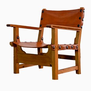 Brutalist Armchair in Pine Wood and Cognac Saddle Leather, 1960s-AO-1795627