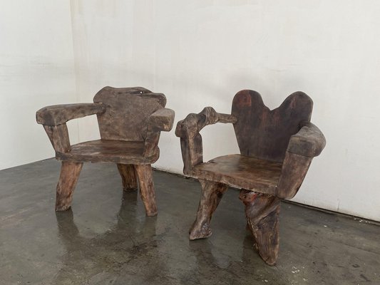 Brutalist Armchairs in Wood, Northern Spain, 1960s, Set of 2-NDN-2027524