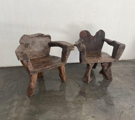 Brutalist Armchairs in Wood, Northern Spain, 1960s, Set of 2-NDN-2027524