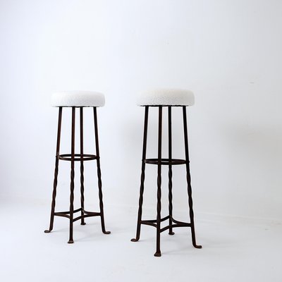 Brutalist Bar Stools in Faux Sheepskin and Iron, 1960s, Set of 2-NYF-2019019