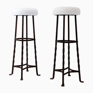 Brutalist Bar Stools in Faux Sheepskin and Iron, 1960s, Set of 2-NYF-2019019