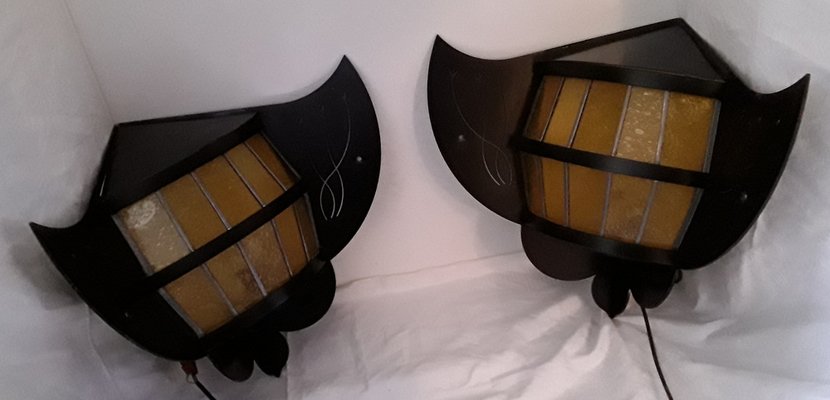 Brutalist Black Bat-Shaped Wall Lamps in Steel, 1980s, Set of 2-HOI-1292105