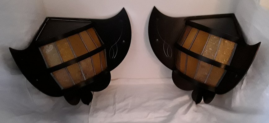 Brutalist Black Bat-Shaped Wall Lamps in Steel, 1980s, Set of 2-HOI-1292105