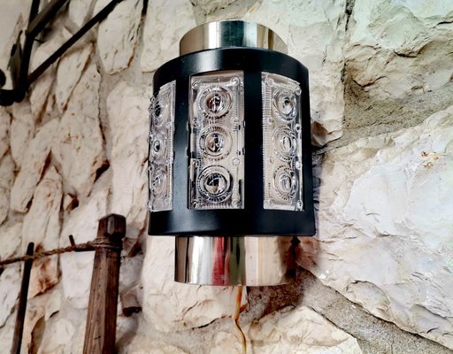 Brutalist Black Metal and Glass Wall Sconce Lamp, Soviet Union, 1974-SCS-1783555