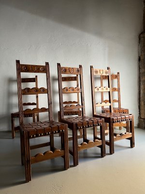 Brutalist Carved Wood Chairs with Leather Seat, Set of 6-UAO-1326397