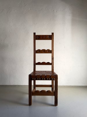 Brutalist Carved Wood Chairs with Leather Seat, Set of 6-UAO-1326397