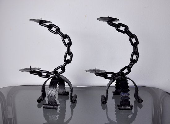 Brutalist Chain Candleholders, Italy, 1960s, Set of 2-EJE-1373630