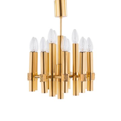 Brutalist Chandelier in Brass with 12 Arms by Angelo Brotto for Esperia, Italy, 1960s-QBR-1755980