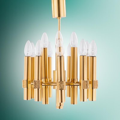 Brutalist Chandelier in Brass with 12 Arms by Angelo Brotto for Esperia, Italy, 1960s-QBR-1755980