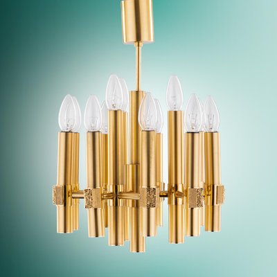 Brutalist Chandelier in Brass with 12 Arms by Angelo Brotto for Esperia, Italy, 1960s-QBR-1755980