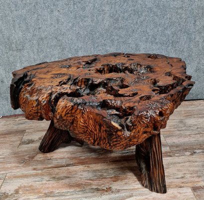 Brutalist Coffee Table in Carved Wood, 1970s-MWB-1785176