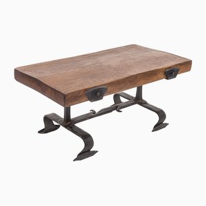 Brutalist Coffee Table in Elm in the style of Jacques Adnet, 1950s-JCN-1702257