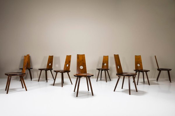 Brutalist Dining Chairs in Cherry Wood, France 1960s, Set of 9-UQV-2032216