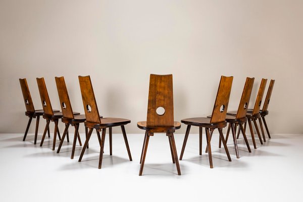 Brutalist Dining Chairs in Cherry Wood, France 1960s, Set of 9-UQV-2032216