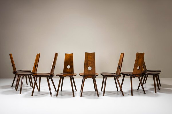 Brutalist Dining Chairs in Cherry Wood, France 1960s, Set of 9-UQV-2032216