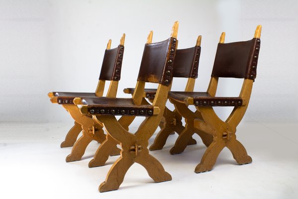 Brutalist Dining Chairs in Oak and Leather by Bram Sprij, Set of 4-HFL-1409264