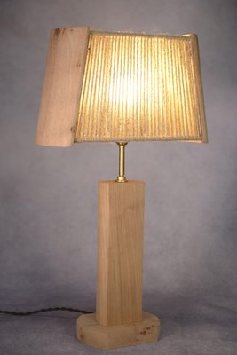 Brutalist Elm and Oak Table Lamp with Rope Lampshade, 1980s-NEN-2023697