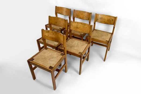 Brutalist Elm Chairs with Straw Seats from Maison Regain, 1960, Set of 6-XNH-1804647