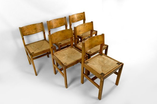 Brutalist Elm Chairs with Straw Seats from Maison Regain, 1960, Set of 6-XNH-1804647