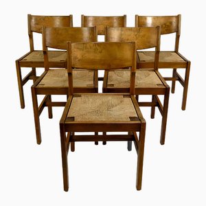 Brutalist Elm Chairs with Straw Seats from Maison Regain, 1960, Set of 6-XNH-1804647