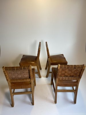 Brutalist French Chairs in Oak and Cognac Leather, 1970s, Set of 4-HKY-1762487