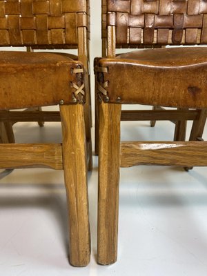 Brutalist French Chairs in Oak and Cognac Leather, 1970s, Set of 4-HKY-1762487