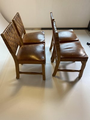 Brutalist French Chairs in Oak and Cognac Leather, 1970s, Set of 4-HKY-1762487