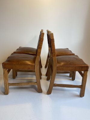 Brutalist French Chairs in Oak and Cognac Leather, 1970s, Set of 4-HKY-1762487