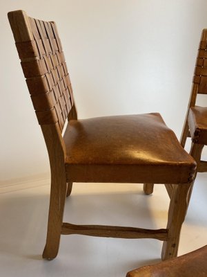 Brutalist French Chairs in Oak and Cognac Leather, 1970s, Set of 4-HKY-1762487