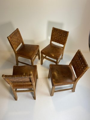 Brutalist French Chairs in Oak and Cognac Leather, 1970s, Set of 4-HKY-1762487