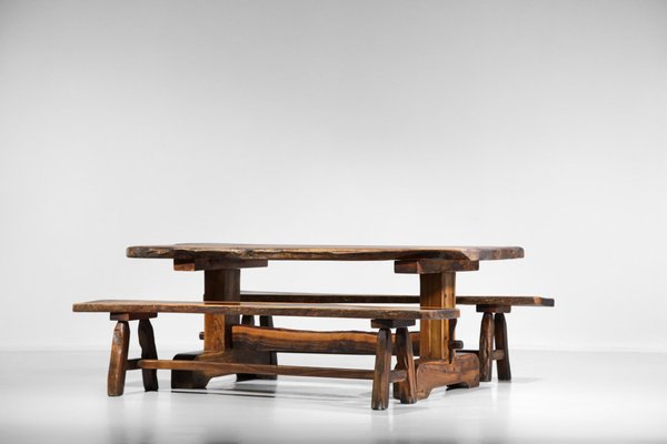 Brutalist French Dining Table and Benches in Solid Olive Wood, 1960s-YU-946279