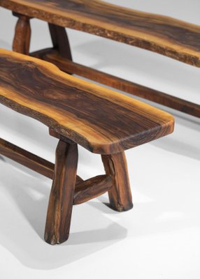 Brutalist French Dining Table and Benches in Solid Olive Wood, 1960s-YU-946279