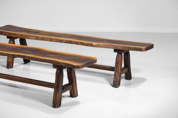 Brutalist French Dining Table and Benches in Solid Olive Wood, 1960s-YU-946279