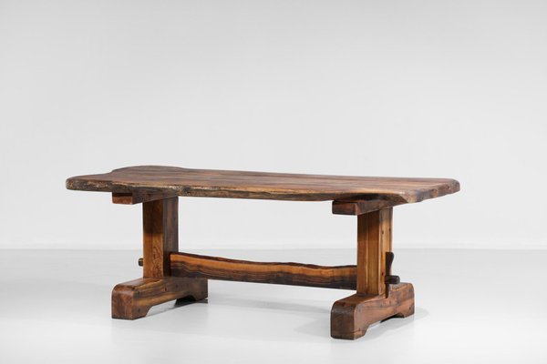 Brutalist French Dining Table and Benches in Solid Olive Wood, 1960s-YU-946279