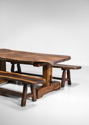 Brutalist French Dining Table and Benches in Solid Olive Wood, 1960s-YU-946279