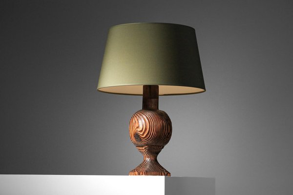 Brutalist French Folk Art Table Lamp in Burnt Wood, 1960s-YU-1800682