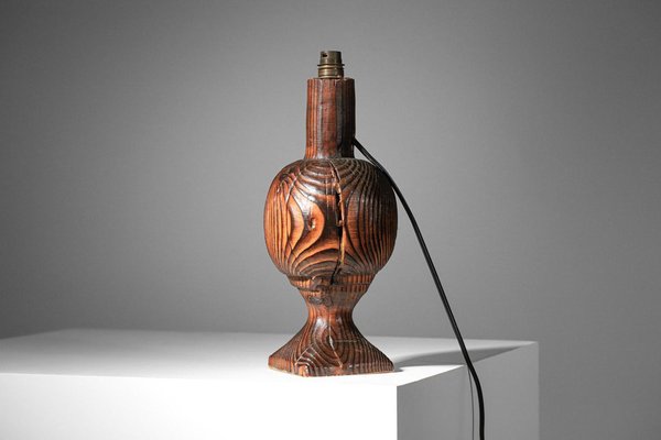 Brutalist French Folk Art Table Lamp in Burnt Wood, 1960s-YU-1800682