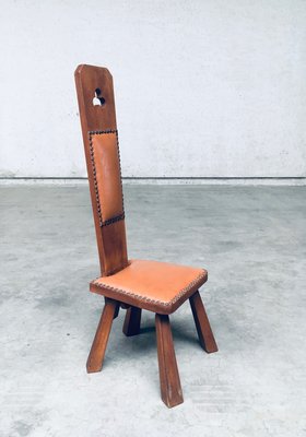 Brutalist High Back Low Stool in Oak and Skai, 1960s-RQV-2033210