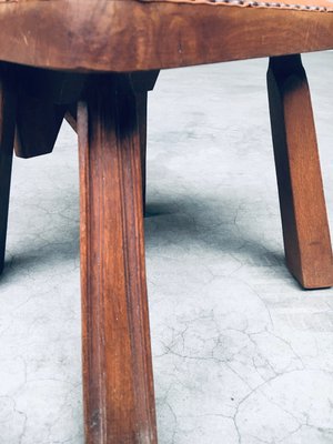 Brutalist High Back Low Stool in Oak and Skai, 1960s-RQV-2033210