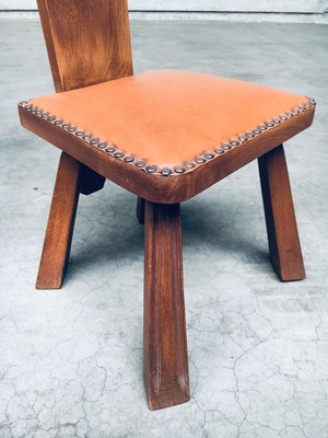 Brutalist High Back Low Stool in Oak and Skai, 1960s-RQV-2033210