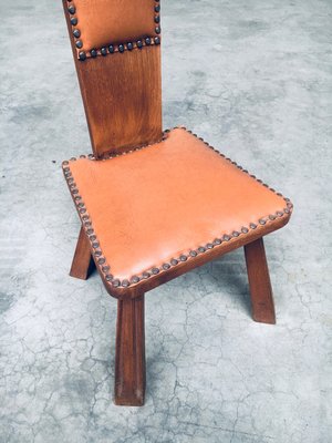 Brutalist High Back Low Stool in Oak and Skai, 1960s-RQV-2033210